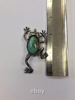 Vintage Old Pawn Native American Sterling Ingot Silver & Turquoise Frog Pin/pend