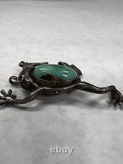 Vintage Old Pawn Native American Sterling Ingot Silver & Turquoise Frog Pin/pend