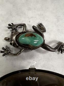 Vintage Old Pawn Native American Sterling Ingot Silver & Turquoise Frog Pin/pend