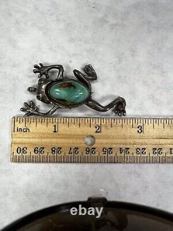 Vintage Old Pawn Native American Sterling Ingot Silver & Turquoise Frog Pin/pend