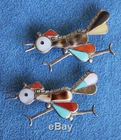 Vintage Pair Zuni ROADRUNNER Bird Inlay Turquoise Sterling Silver 2 Brooch Pins