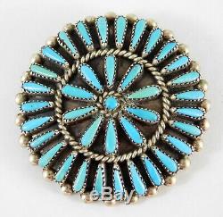 Vintage Petit Point Turquoise Inlay Zuni Silver Pin Pendant Signed Brooch Floral