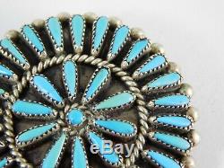 Vintage Petit Point Turquoise Inlay Zuni Silver Pin Pendant Signed Brooch Floral