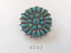 Vintage Petit Point Turquoise Sterling Silver Pin Brooch 1 3/8