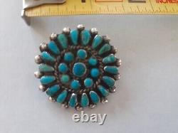 Vintage Petit Point Turquoise Sterling Silver Pin Brooch 1 3/8