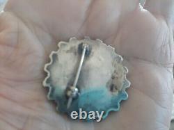 Vintage Petit Point Turquoise Sterling Silver Pin Brooch 1 3/8