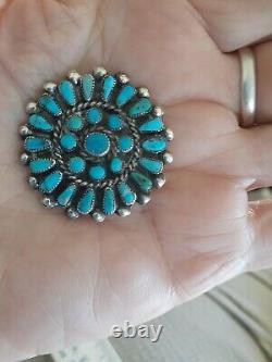 Vintage Petit Point Turquoise Sterling Silver Pin Brooch 1 3/8