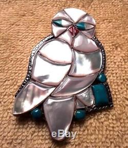 Vintage Porfilio Sheyka Family Zuni Large Snowy Owl Pin/Pendant Mother-of-Pearl
