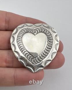 Vintage RJ Navajo Sterling Silver Deep Stamped Heart Concho Pin Brooch 1 7/8