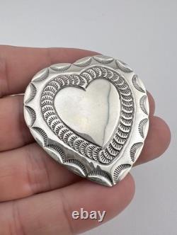 Vintage RJ Navajo Sterling Silver Deep Stamped Heart Concho Pin Brooch 1 7/8
