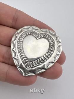 Vintage RJ Navajo Sterling Silver Deep Stamped Heart Concho Pin Brooch 1 7/8