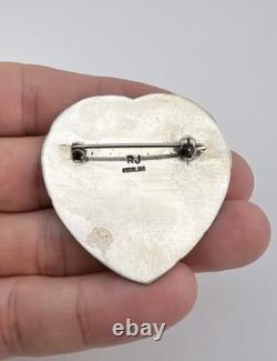Vintage RJ Navajo Sterling Silver Deep Stamped Heart Concho Pin Brooch 1 7/8