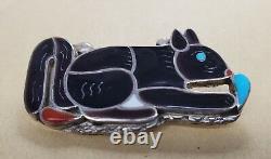 Vintage Rare Porfilio Sheyka Squirrel Pendant Pin Zuni Inlay Native American