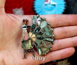 Vintage SOUTHWESTERN MULTI-STONE INLAY PEACOCK PIN sterling silver Zuni brooch