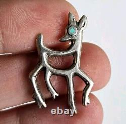 Vintage Sandcast Native American 925 Sterling Silver & Turquoise Deer Pin Brooch