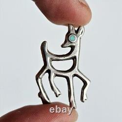 Vintage Sandcast Native American 925 Sterling Silver & Turquoise Deer Pin Brooch