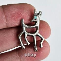 Vintage Sandcast Native American 925 Sterling Silver & Turquoise Deer Pin Brooch