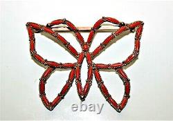 Vintage Signed Large Zuni Sterling Silver Coral Petit Point Butterfly Brooch Pin