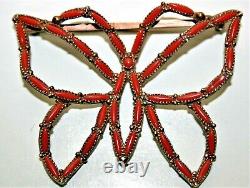 Vintage Signed Large Zuni Sterling Silver Coral Petit Point Butterfly Brooch Pin