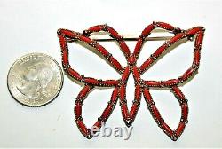 Vintage Signed Large Zuni Sterling Silver Coral Petit Point Butterfly Brooch Pin