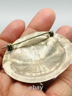 Vintage Signed Navajo Native American 925 Sterling Silver Round Brooch Pin