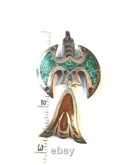 Vintage Signed Navajo S. Dixon Inlay Turquoise & Coral Peyote Bird Pin Brooch