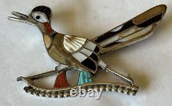 Vintage Signed Zuni Eddie Beyuka Sterling Silver Inlay Roadrunner Pin