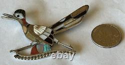 Vintage Signed Zuni Eddie Beyuka Sterling Silver Inlay Roadrunner Pin