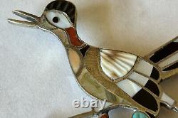 Vintage Signed Zuni Eddie Beyuka Sterling Silver Inlay Roadrunner Pin