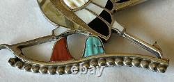 Vintage Signed Zuni Eddie Beyuka Sterling Silver Inlay Roadrunner Pin