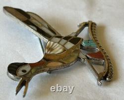 Vintage Signed Zuni Eddie Beyuka Sterling Silver Inlay Roadrunner Pin