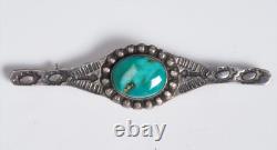 Vintage Silver & Turqouise Native American Navajo Pin Brooch w. Stamped Symbols