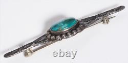 Vintage Silver & Turqouise Native American Navajo Pin Brooch w. Stamped Symbols