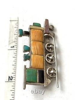 Vintage Southwest Sterling Silver Green Turquoise Spiny Oyster Train Brooch Pin