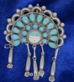 Vintage Southwest Turquoise Headdress Brooch With Sunface And Dangles