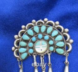 Vintage Southwest Turquoise Headdress Brooch With Sunface And Dangles