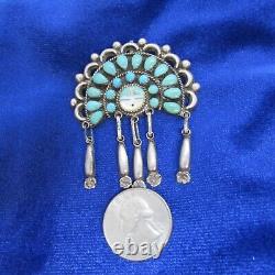 Vintage Southwest Turquoise Headdress Brooch With Sunface And Dangles