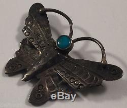 Vintage Southwestern Indian Turquoise Sterling Silver Butterfly Pin Brooch