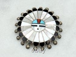 Vintage Sterling Native American Zuni Inlay Sun Face Pin Large Pendant