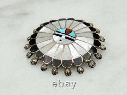 Vintage Sterling Native American Zuni Inlay Sun Face Pin Large Pendant