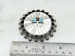 Vintage Sterling Native American Zuni Inlay Sun Face Pin Large Pendant