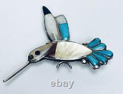 Vintage Sterling Native American Zuni Multi Stone Inlay Hummingbird Brooch Pin