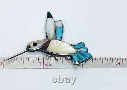 Vintage Sterling Native American Zuni Multi Stone Inlay Hummingbird Brooch Pin