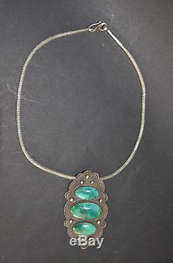 Vintage Sterling Navajo Pin Bisbee Turquoise With Sterling Neckchain