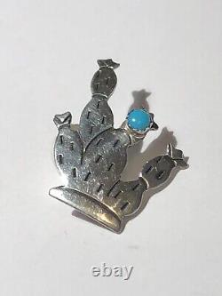Vintage Sterling Silver 925 Turquoise Native Cactus Southwestern Brooch Pin