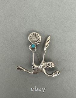 Vintage Sterling Silver And Turquoise Road Runner Pin
