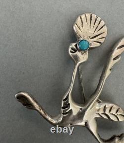 Vintage Sterling Silver And Turquoise Road Runner Pin