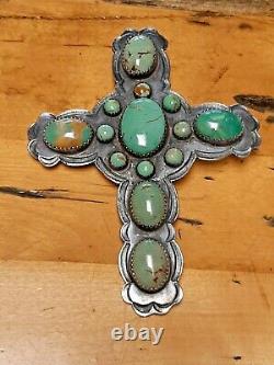 Vintage Sterling Silver Cross Native American art Cross Pin Necklace signed AJB
