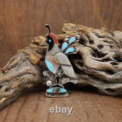 Vintage Sterling Silver Inlaid Gambel's Quail Pin/Pendant by Zuni D Qualo