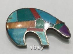 Vintage Sterling Silver Inlay Bear Pin Turquoise Sugilite Coral